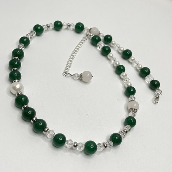 Artisan Handcrafted Emerald Green Gemstone Pearl Glass Beaded Necklace Amazing - Picture 3 of 10